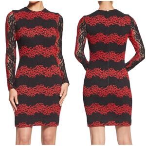 Dress The Population NWT Morgan Dress Red Black Long Sleeve Bodycon Mini Size XS